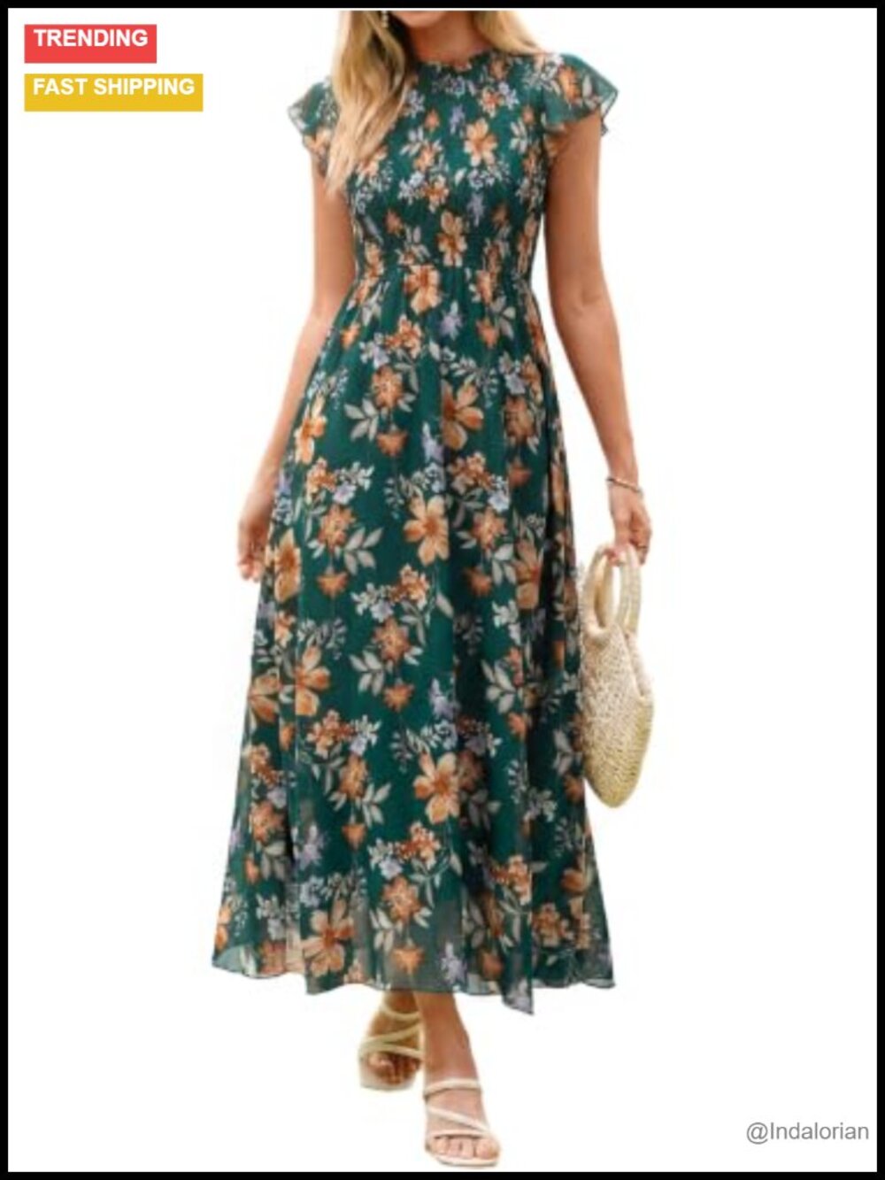 Boho Floral Maxi Dress Ruffle Sleeve Chiffon Smocked Wedding Guest